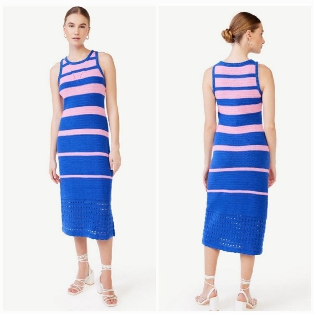 Scoop NYC Blue Pink Striped Crochet Knit Open Knit Midi Dress in Surf the Web M